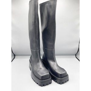 NEW Steve Madden Black Leather Knee High Chunky Heel Moto Boots